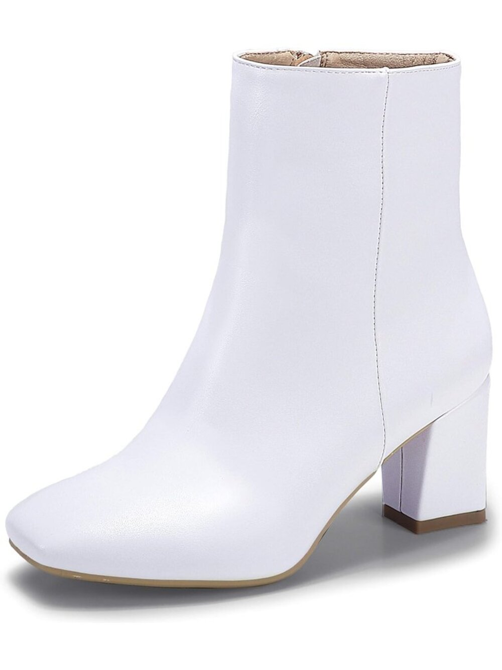 Women's White Manmade Side Zipper Low Block Heel Square Toe Ankle Wedding Boots